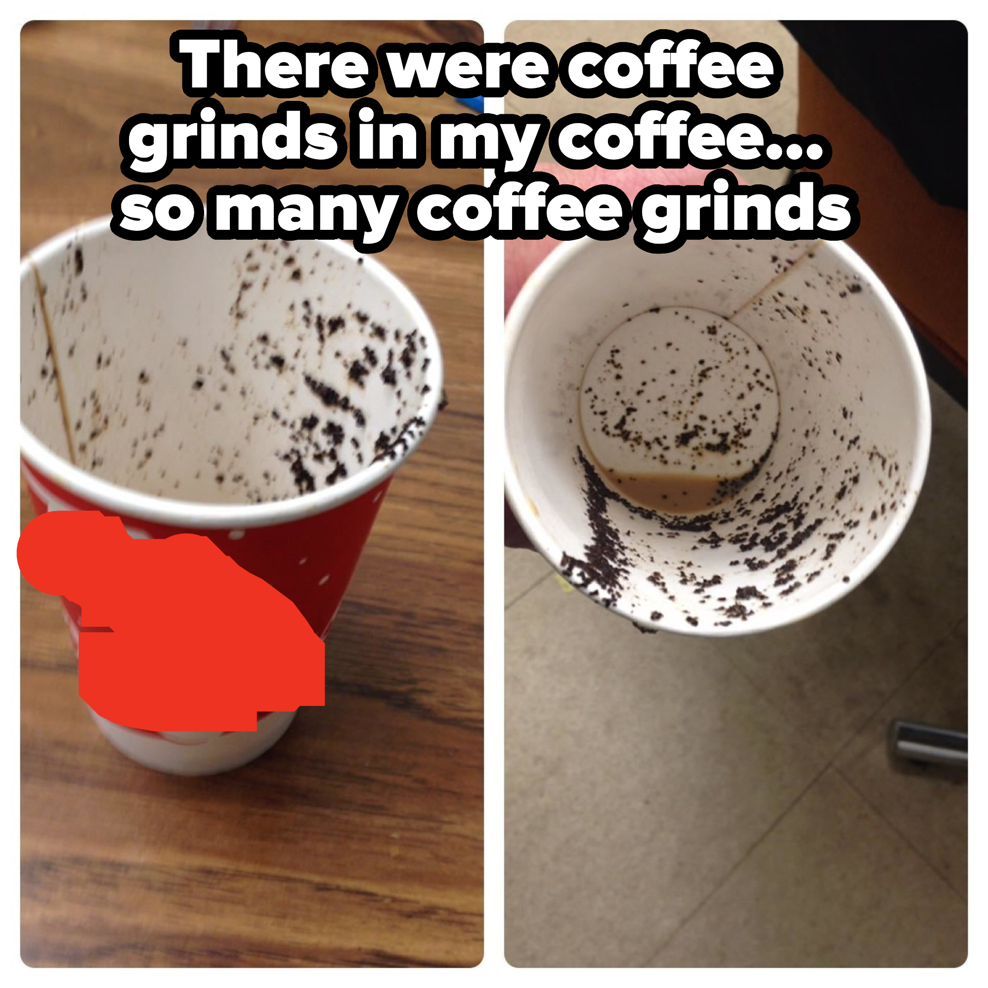 A store-bought cup of coffee that&#x27;s been drunk and has a bunch of coffee grinds in it