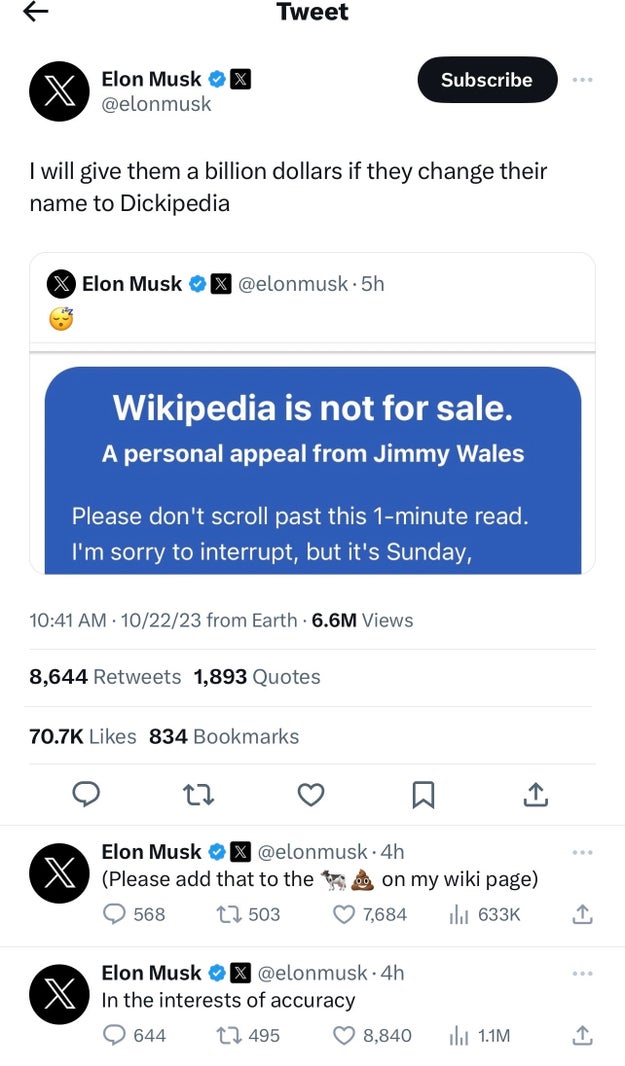 Elon Musk offers $1 billion to Wikipedia to change their name to  'Dickipedia