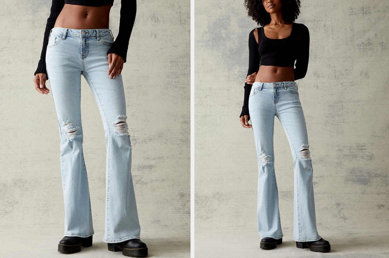 A woman modeling low rise jeans