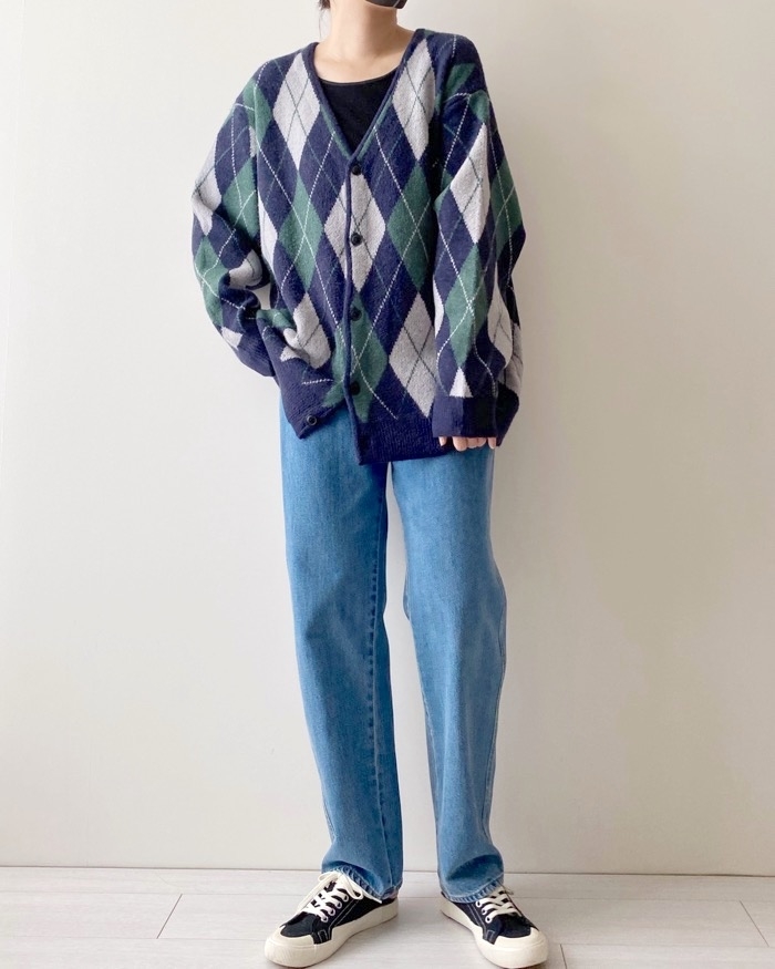 GUのオススメのカーディガン「ブラッシュドヤーンカーディガン（長袖）（アーガイル）」