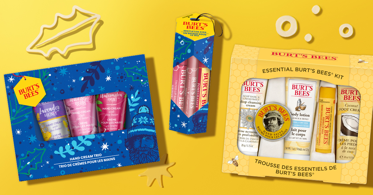 multiple burts bees products against yellow backdrop