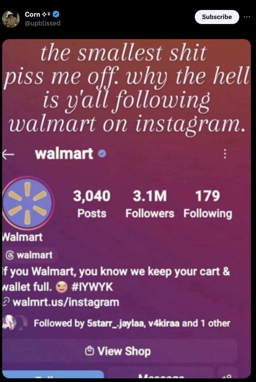 &quot;why the hell is yall following walmart on instagram?&quot;