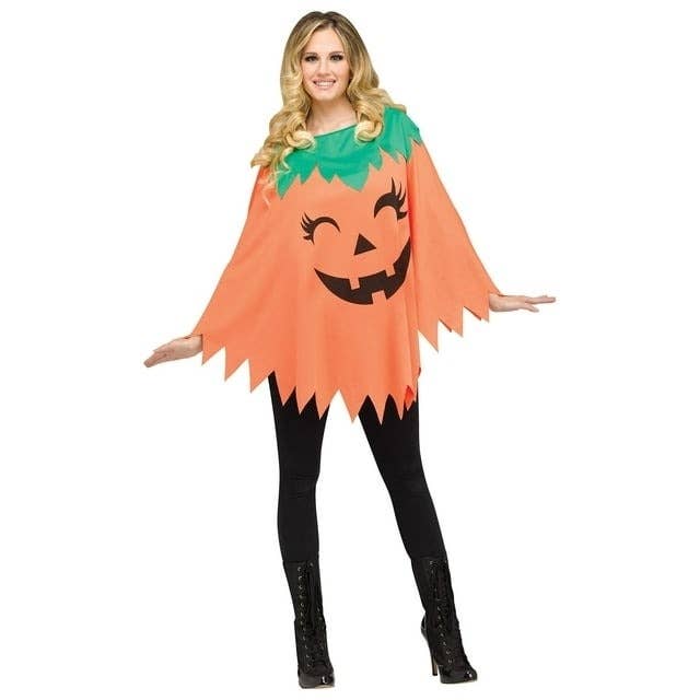 model wearing orange pumpkin-shaped poncho costume