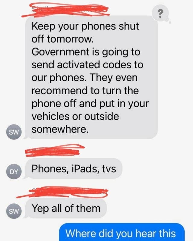 someone saying for everyone to turn their phones off and put them in a car because the government is going to send codes