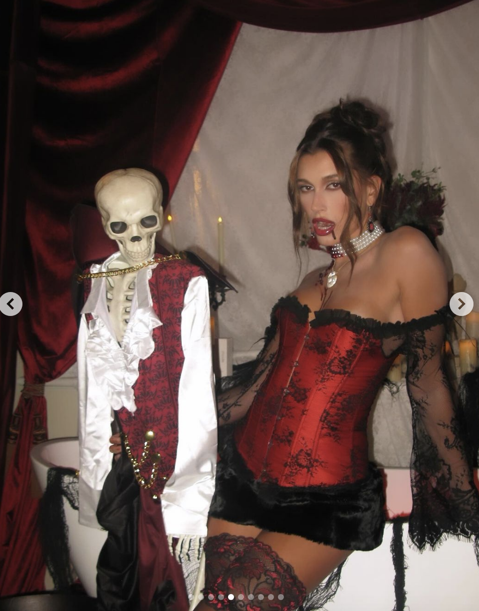 Closeup of Hailey Bieber in costume