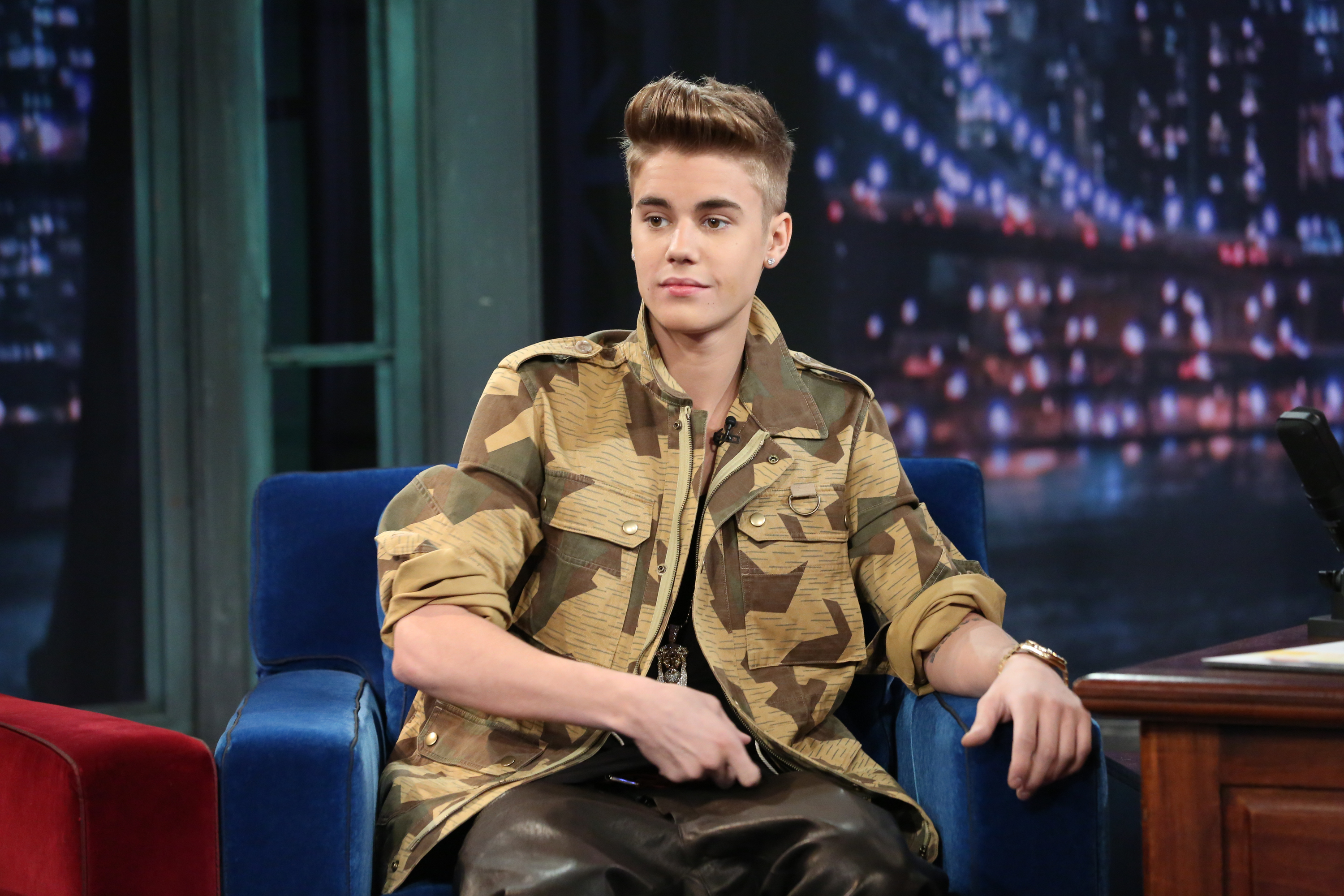 Close-up of Justin as a teen on a talk show