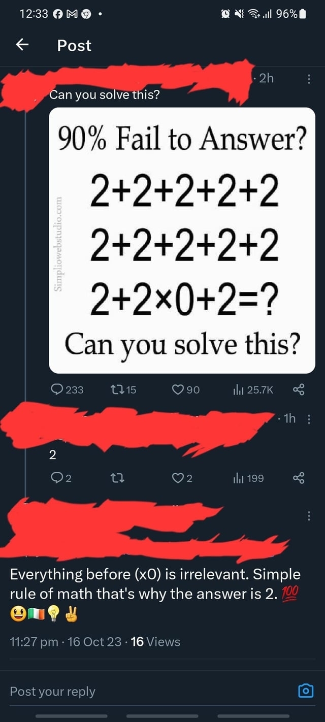 someone replying to a math problem that the answer is 2