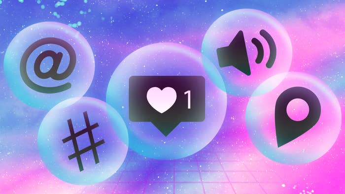 Popular emoji, ampersands, hashtags, volume, floating in bubbles in space.