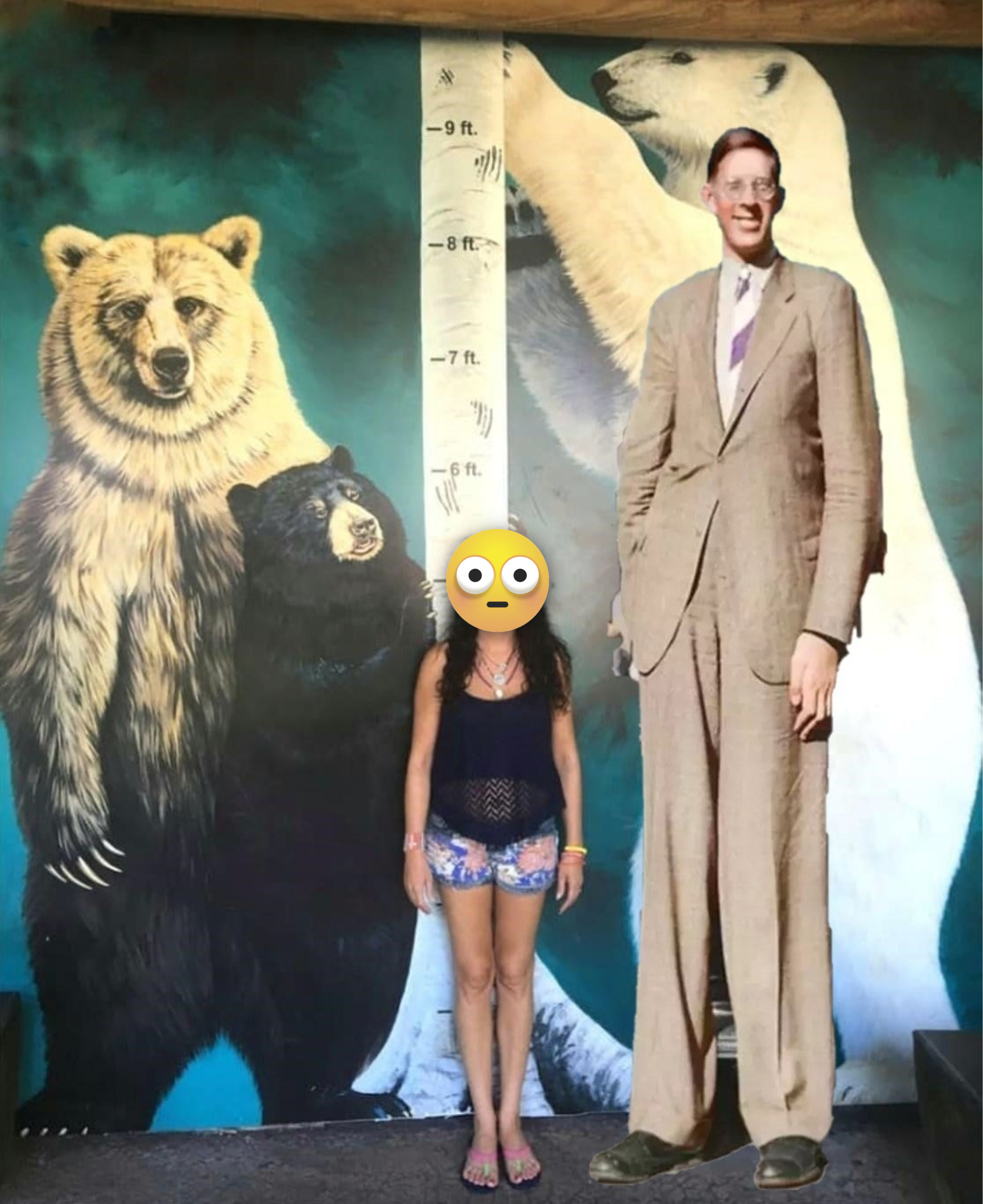 Robert Wadlow superimposed against the wall and woman with bears