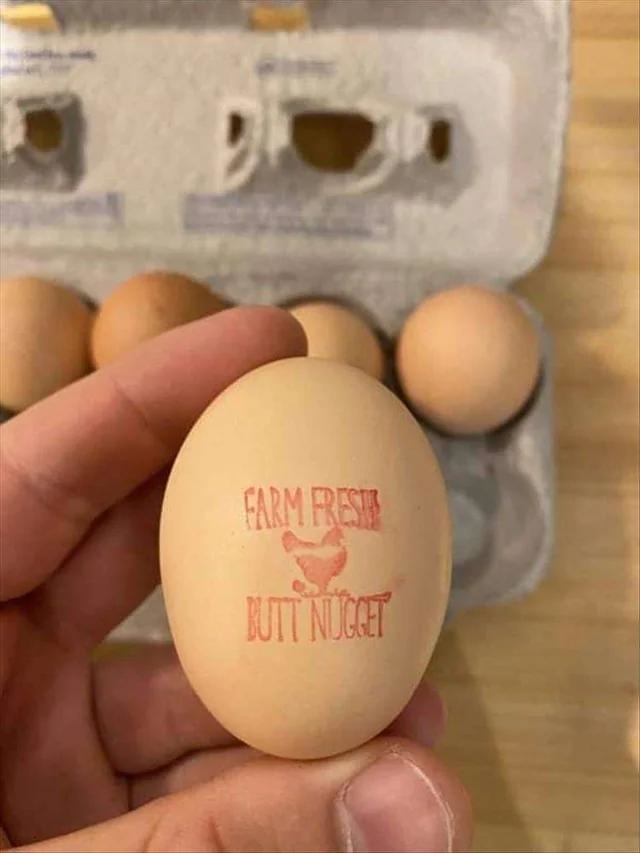 Person holding an egg that&#x27;s been stamped with the phrase &quot;farm fresh butt nugget&quot;
