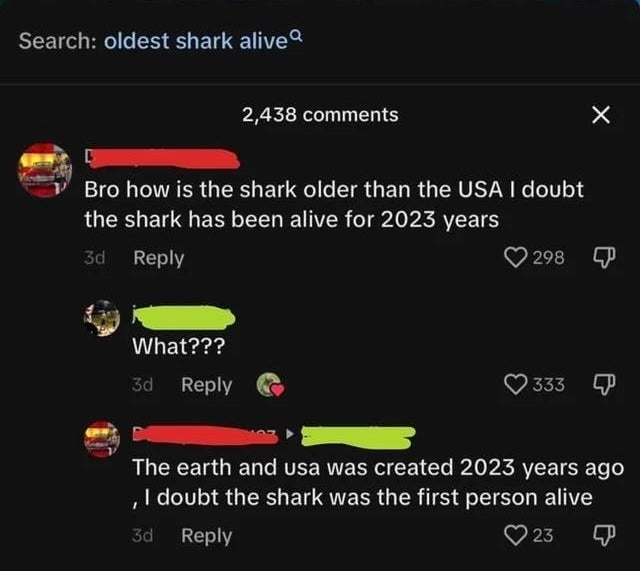 the earth and usa was created 2023 years ago, i doubt the shark was the first person allive