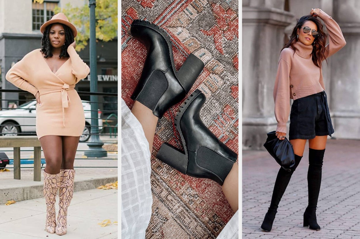 reviewer wearing orange wrap dress, reviewer wearing black heeled ankle boots, reviewer wearing cropped turtle neck
