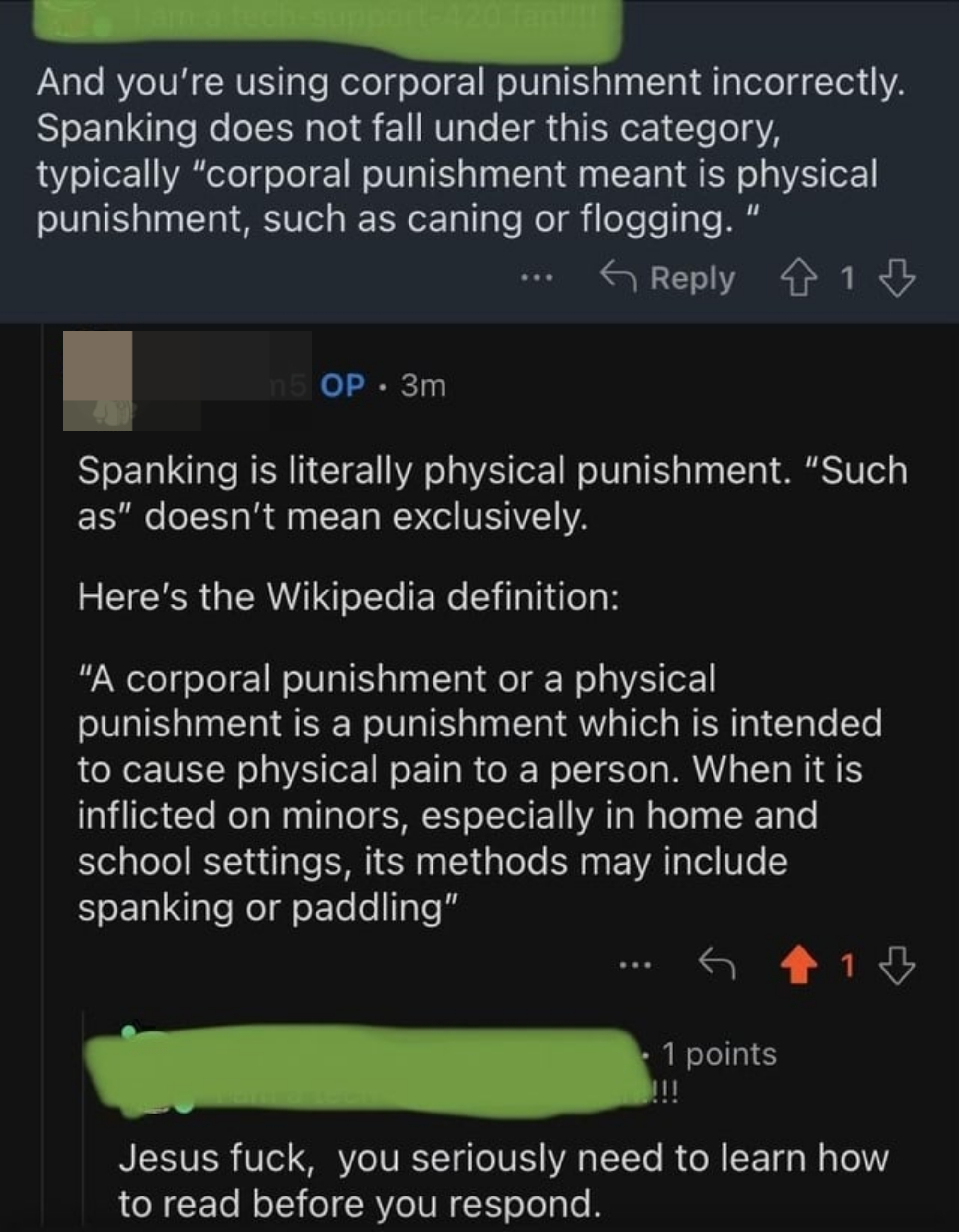 someone arguing that spanking isn&#x27;t considered corporal punishment even after a definition was given