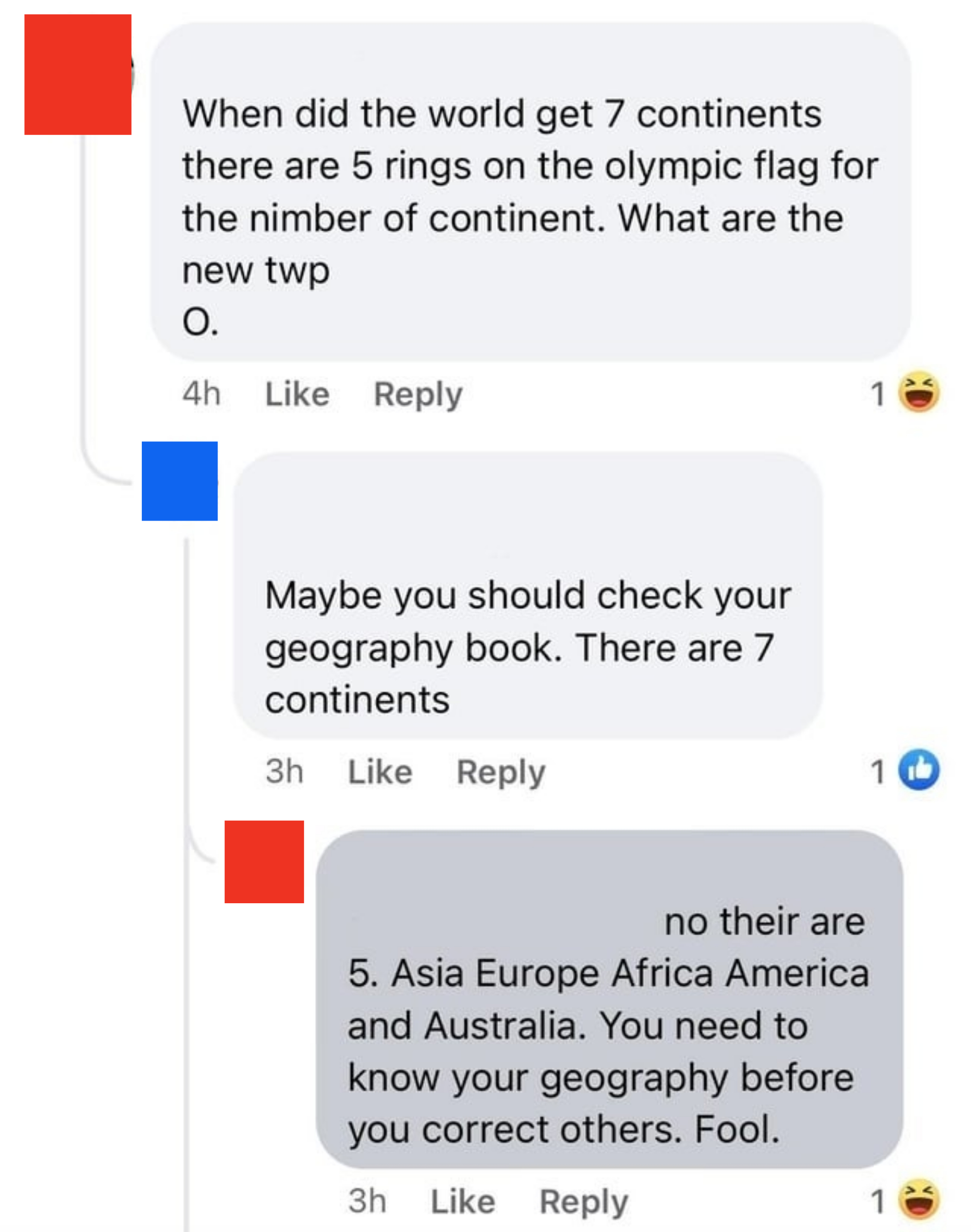 someone arguing that there are only 5 continents because that&#x27;s what the olympic symbol has