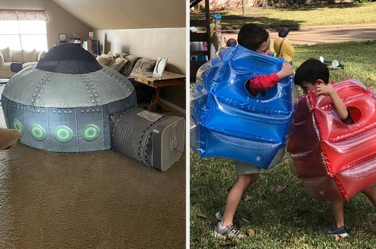 reviewers spaceship Air Fort and reviewers kids playing with Banzai Bumpers