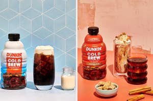 split frame of iced coffee with dunkin cold brew concentrate product imagery