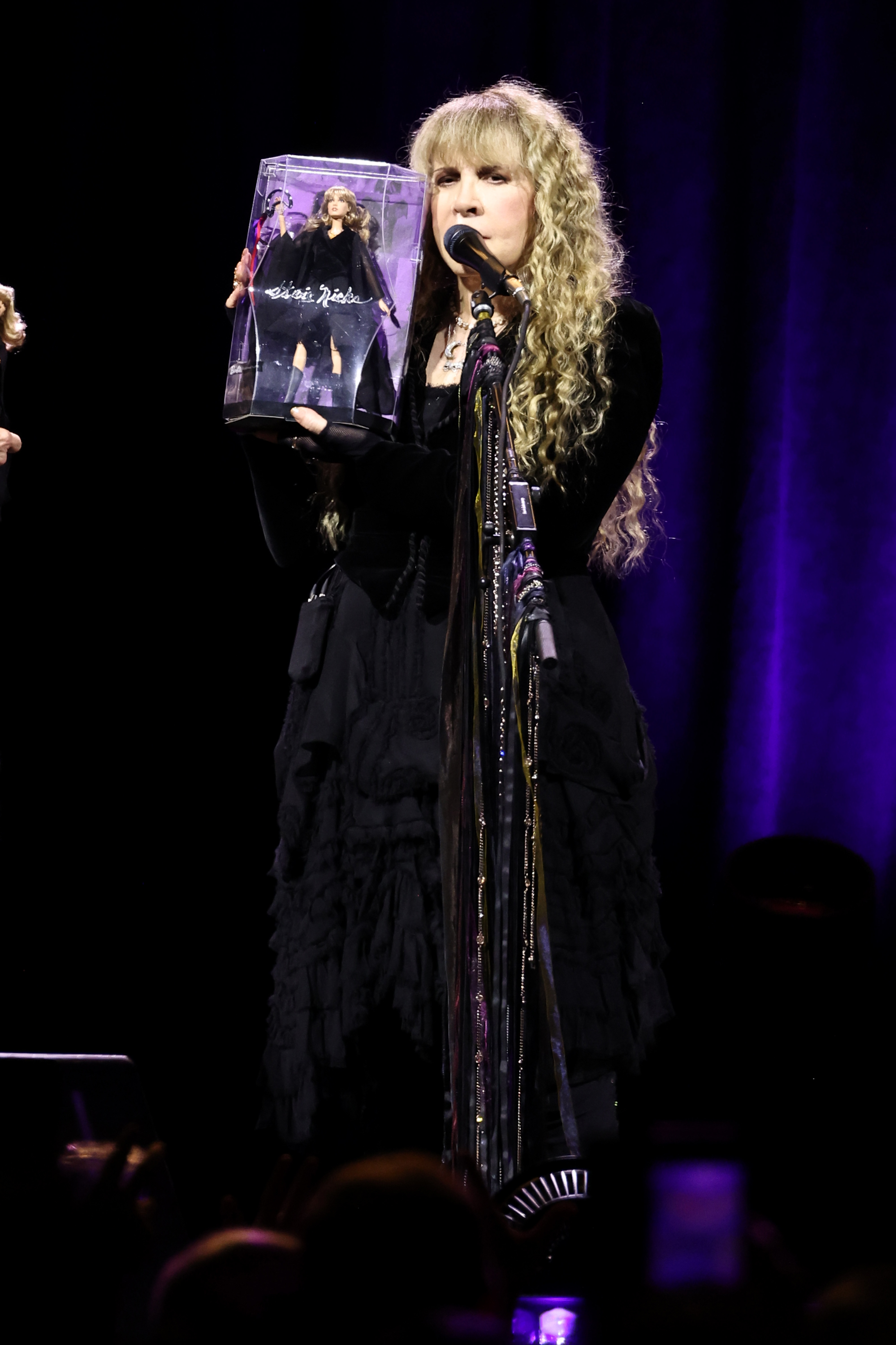 Stevie Nicks onstage holding her Barbie doll in its box