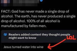 A tweet from a preacher saying god has never made alcohol with added reader context saying Jesus turned water into wine