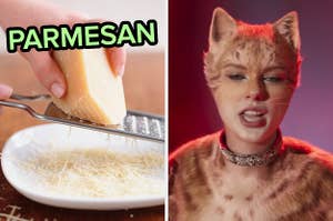 On the left, someone grating parmesan cheese, and on the right, Taylor Swift singing as a cat in the Cats movie