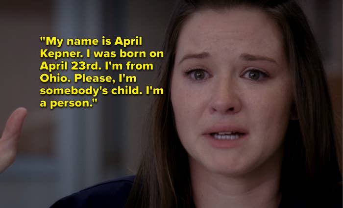 woman crying with caption &quot;my name is April Kepner. I was born on April 23rd. I&#x27;m from Ohio. Please, I&#x27;m somebody&#x27;s child. I&#x27;m a person.&quot;