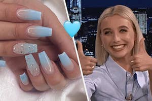 Blue nails and Emma Chamberlain giving a thumbs up