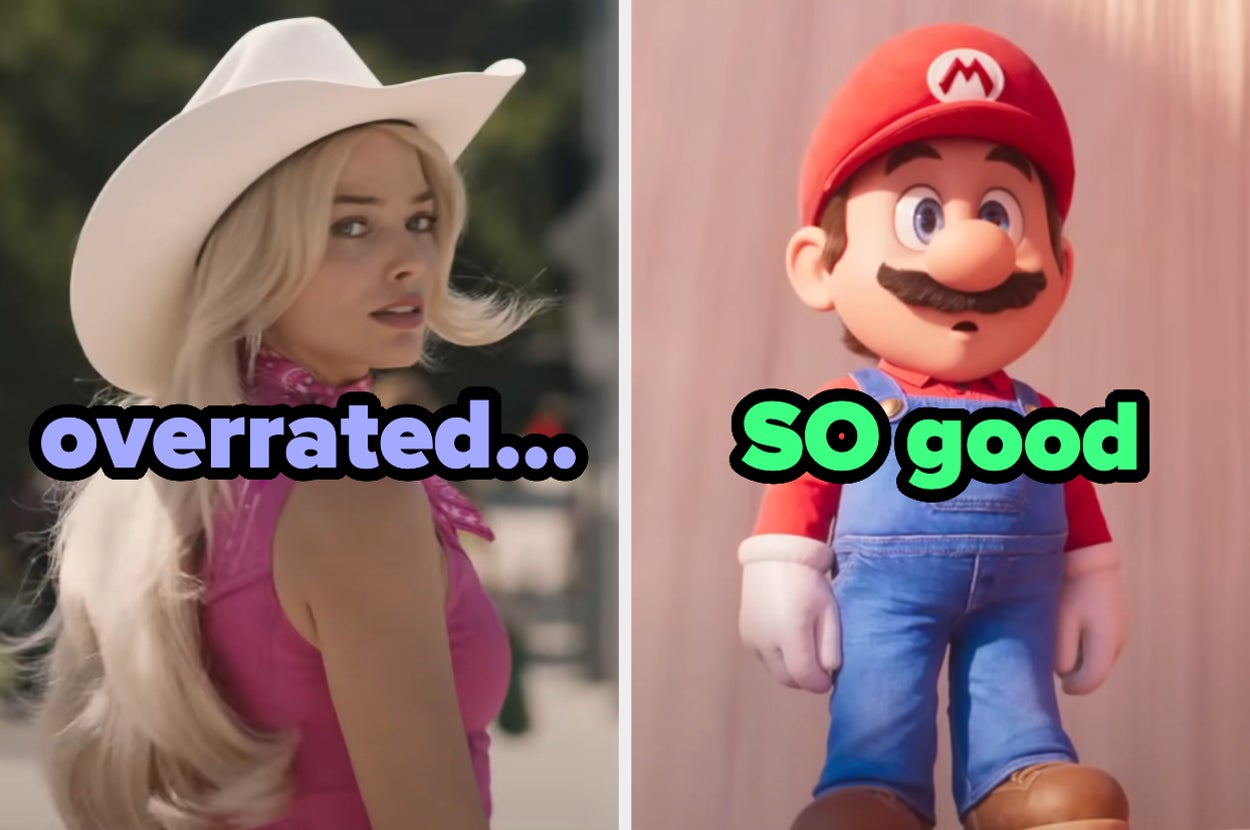 On the left, Margot Robbie frowning as Barbie with overrated typed under her hcin, and on the right, Mario from The Super Mario Bros Movie with so good typed under his chin