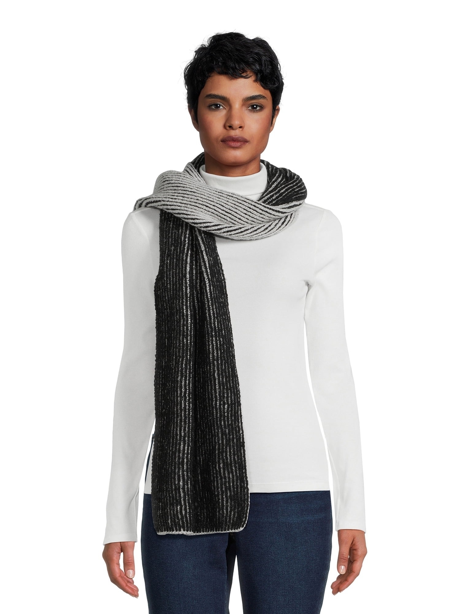 a model wearing the black and gray ribbed scarf