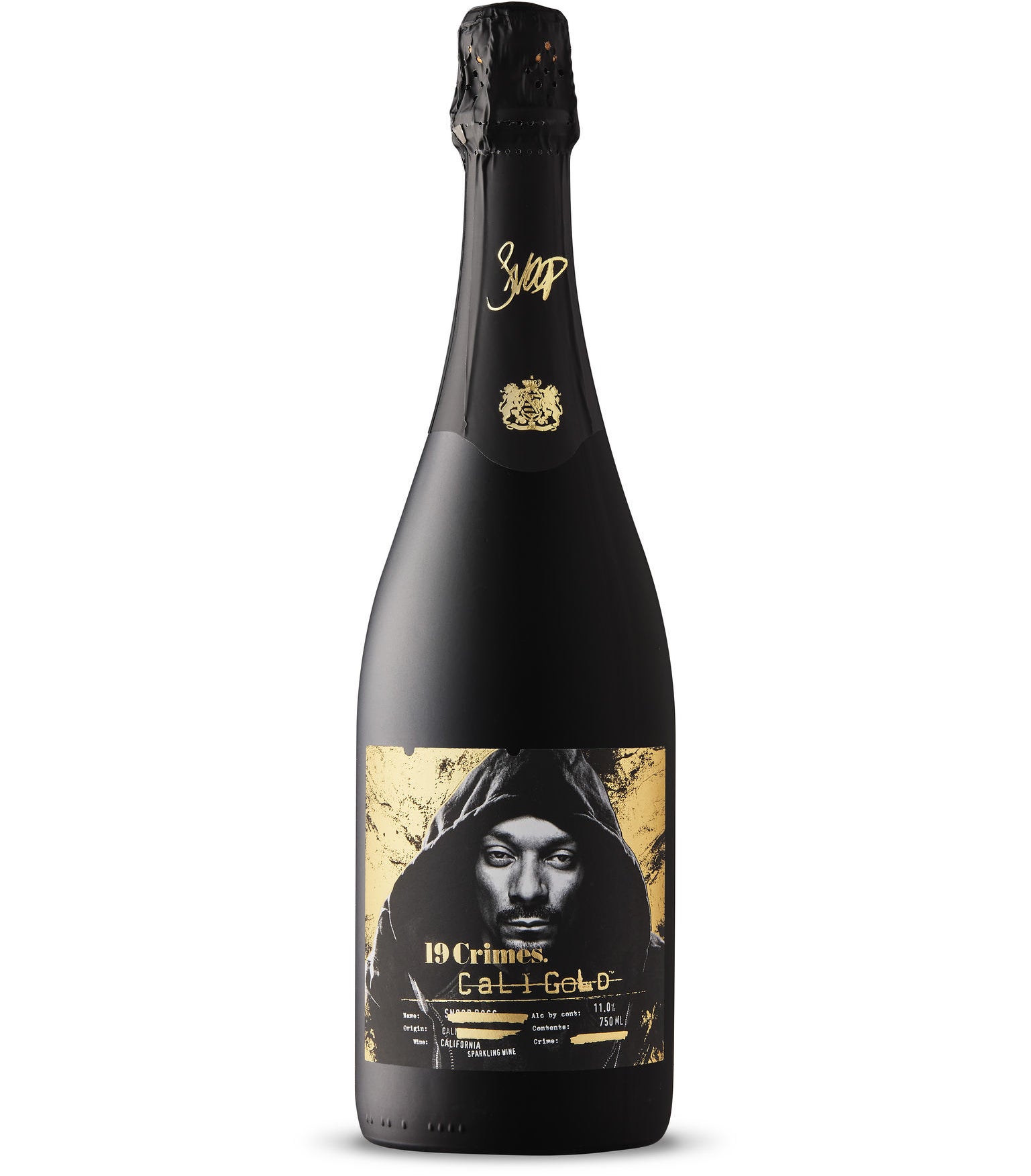 A bottle of 19 Crimes Snoop Dogg Cali Gold Sparkling on a blank background