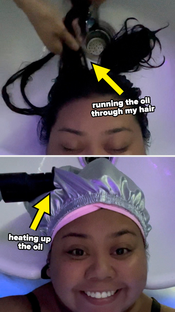 The author is getting oil in her hair and is wearing a cap for the hot-oil treatment