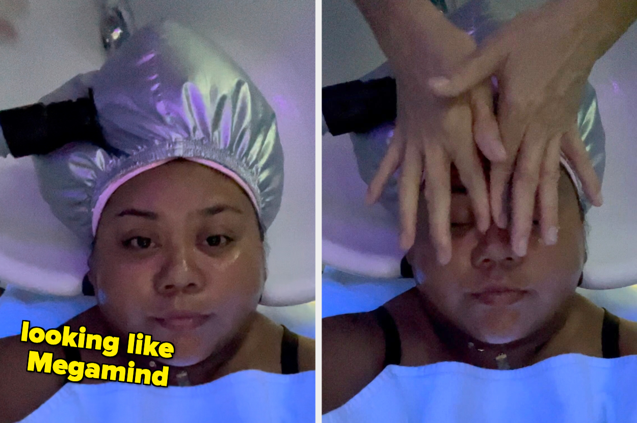 The author is getting a facial massage; the caption reads, &quot;looking like Megamind&quot;