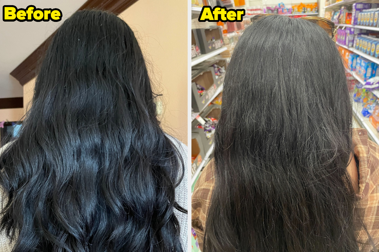 The author shows side-by-side photos of her hair pre–scalp massage and post–scalp massage