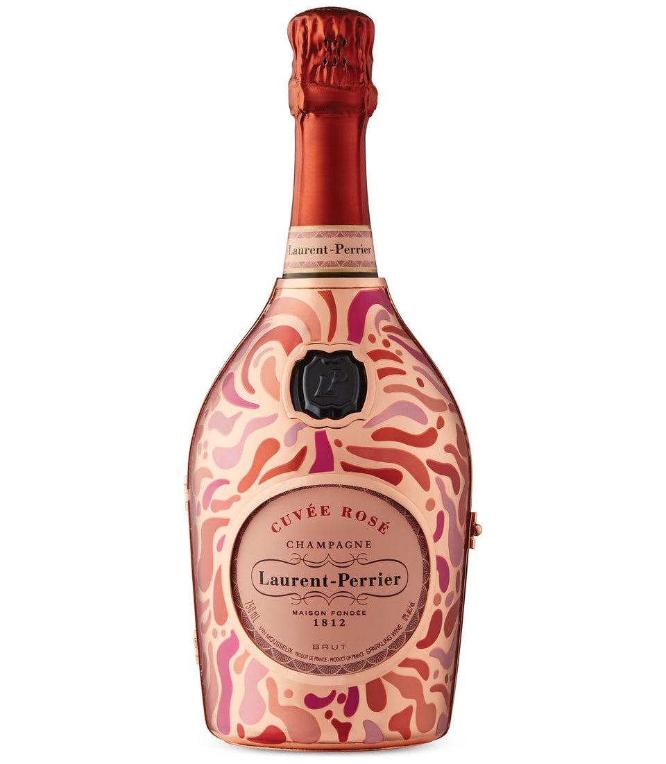 A bottle of Laurent-Perrier Metal Jacket Petals Edition Brut Cuvée Rosé Champagne on a blank background