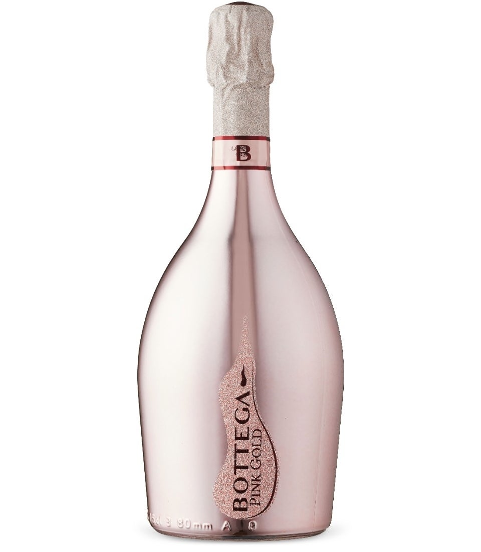 A bottle of Bottega Pink Gold Rosé Prosecco on a blank background