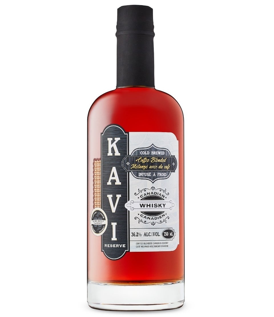 A bottle of Kavi Reserve Coffee Blended Canadian Whisky on a blank background