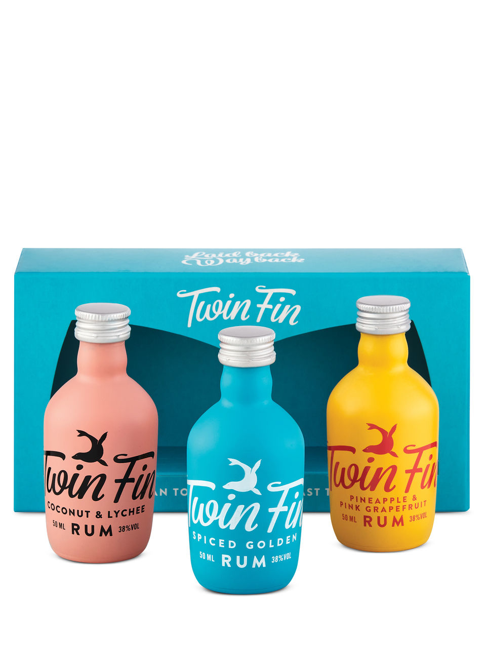 Three mini bottle of Twin Fin in front of their package