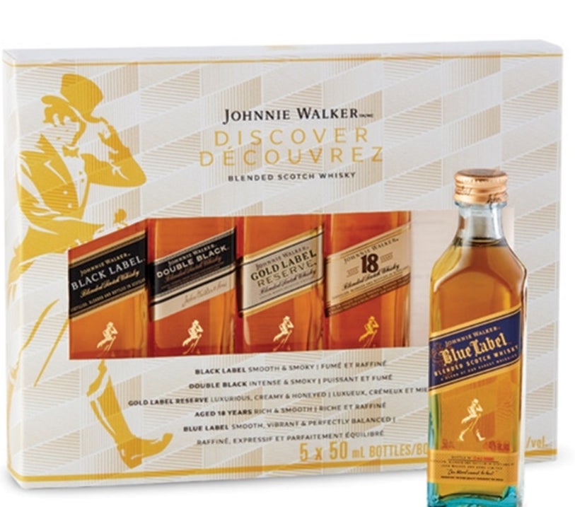 One bottle of Johnny Walker Blue Label in front of the discovery pack