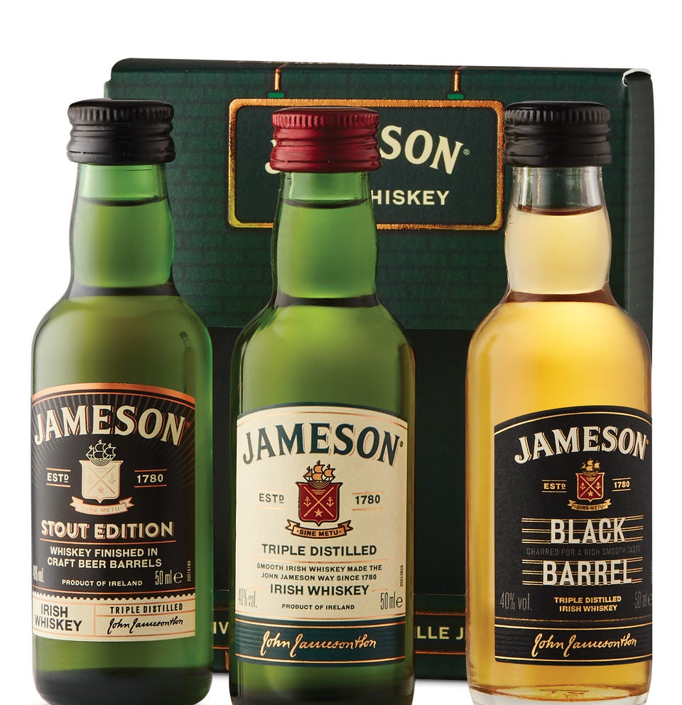 Three mini bottles of Jameson in front of their package