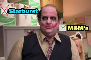 Kevin from the Office dressed as the Joker.