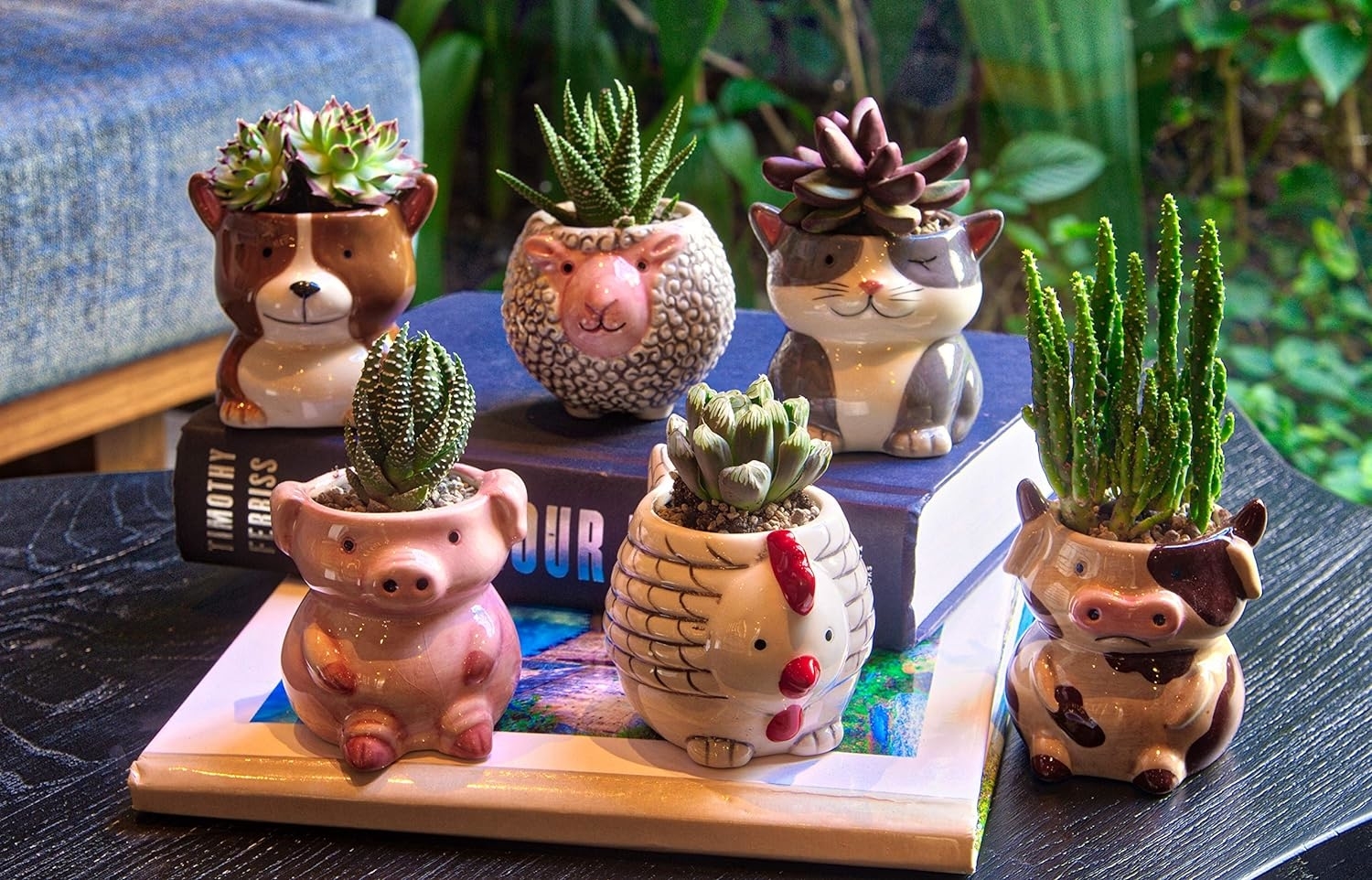 tiny plan pots shaped like a dog, sheep, cat, pig, chicken, and cow
