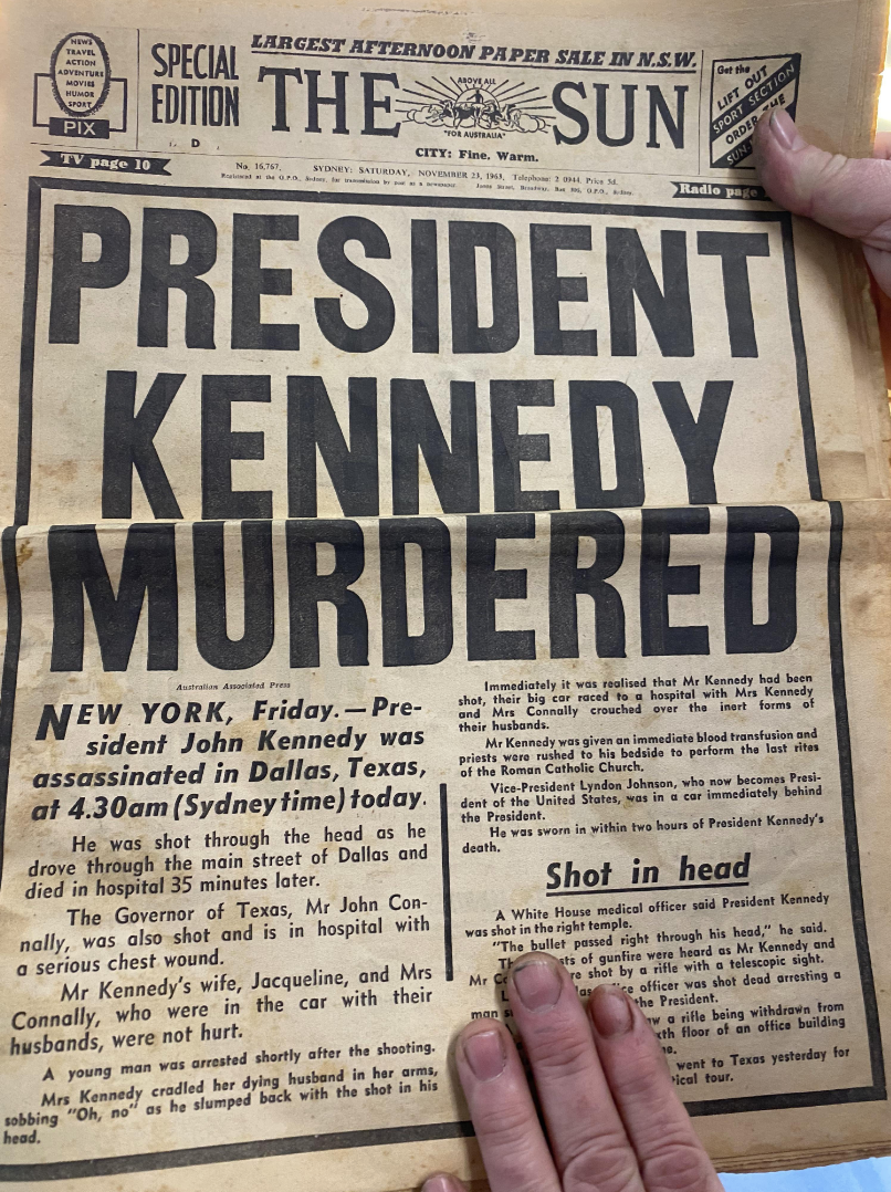 large headline announcing JFKs death