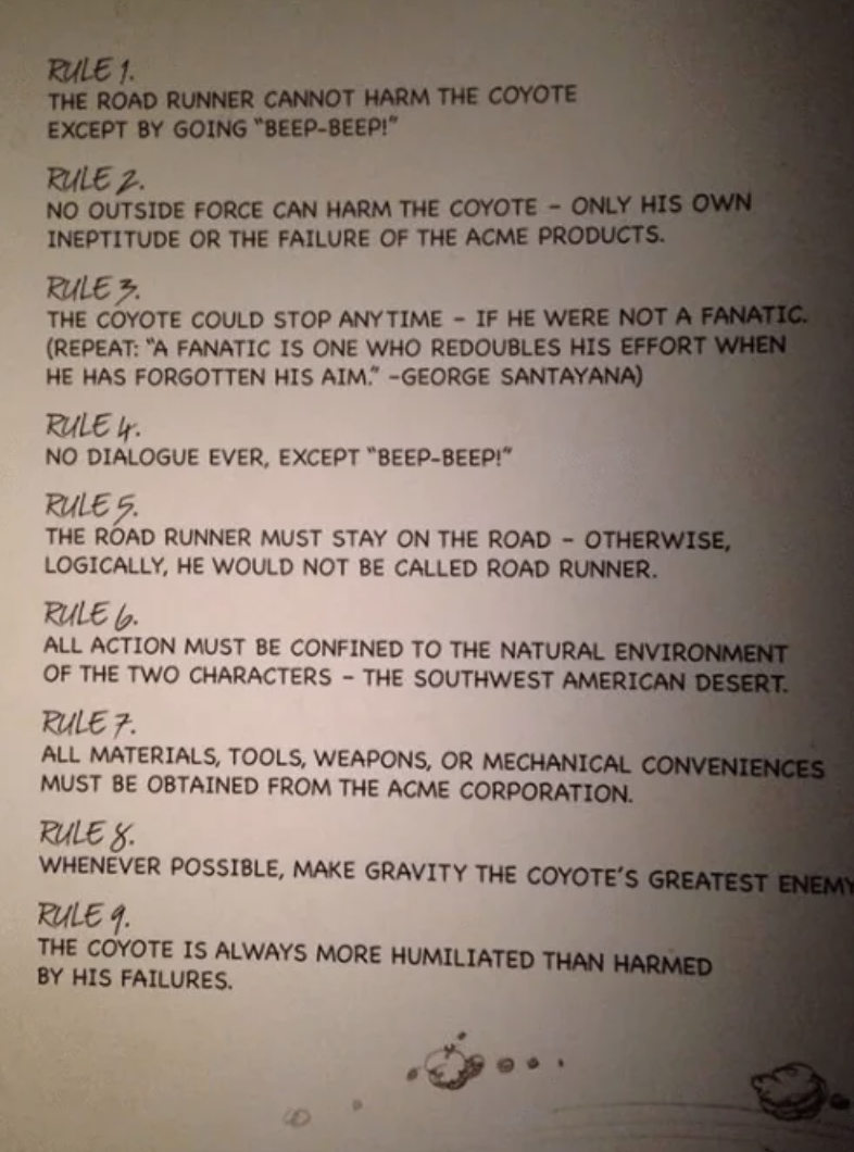 List of rules for drawing/designing Wile E. Coyote and Road Runner
