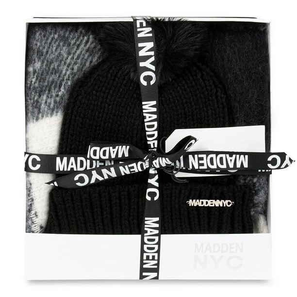the boxed scarf and hat with a ribbon tied around it