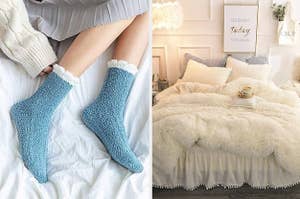 model wearing socks in blue / the off white faux fur duvet set on a bed