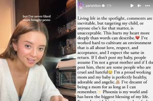 a young white woman talks to the camera and a screenshot of paris hilton's story with a wall of text