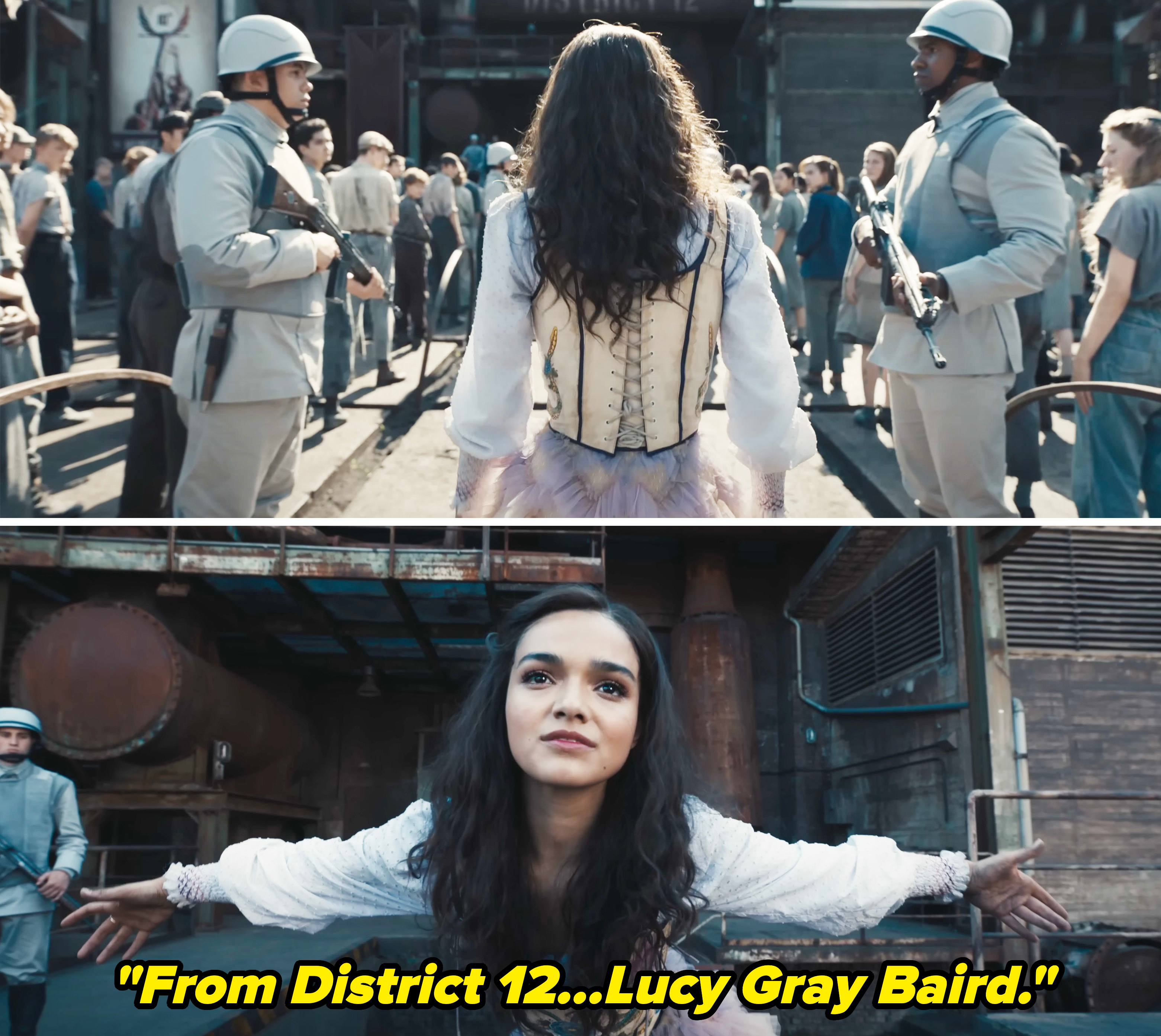 Lucy Gray bowing and a voice saying, "From District 12, Lucy Gray Baird"
