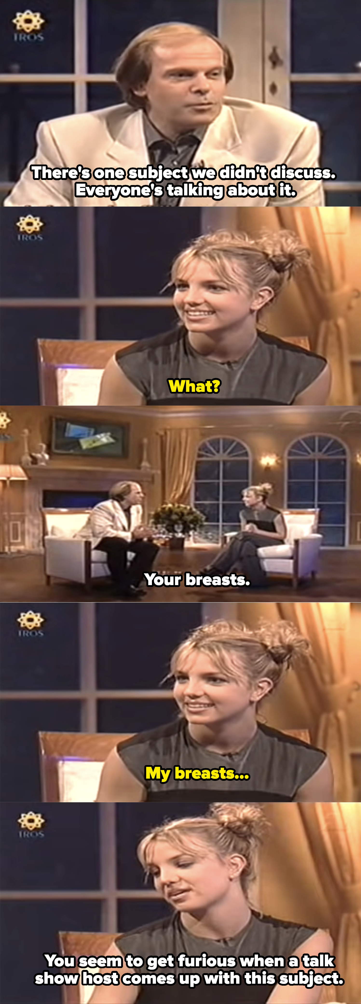 Interview saying how Britney seems to get furious when a talk show host comes up with the subject of her breasts