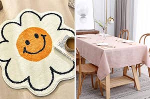 smiley face flower bathroom mat and a pink table cloth