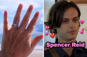 On the left, someone showing off their diamond engagement ring, and on the right, Matthew Gray Gubler talking as Spencer Reid on Criminal Minds with various heart emojis placed around his head