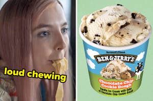 On the left, Jodie Comer eating pasta as Villanelle on Killing Eve with loud chewing typed on her face, and on the right, some Chocolate Chip Cookie Dough ice cream from Ben and Jerry's
