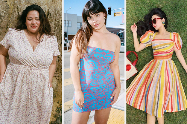 models in floral dress, tube dress, and striped dress